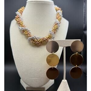 JCrew Signed Tri-Color Metal Tone Necklace & Earrings-Gold, Silver & Rose Tones